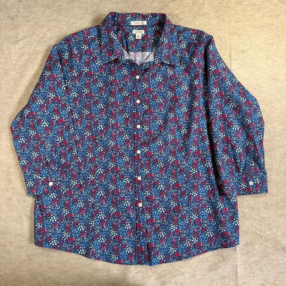 LL Bean button front shirt womens 2X blue floral wrinkle free office casual